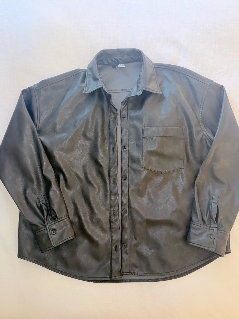 Women’s Black Faux Leather Button-Up Shirt Jacket